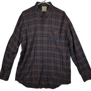 Billy Reid Mens XXL Brown Navy Blue Plaid Flannel Button Down Shirt Standard Cut